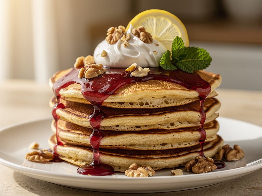 Fluffy Lemon Ricotta Pancakes with Cherry Maple Syrup and Walnuts