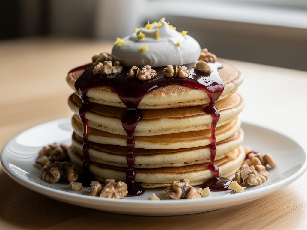 Fluffy Lemon Ricotta Pancakes with Cherry Walnut Syrup