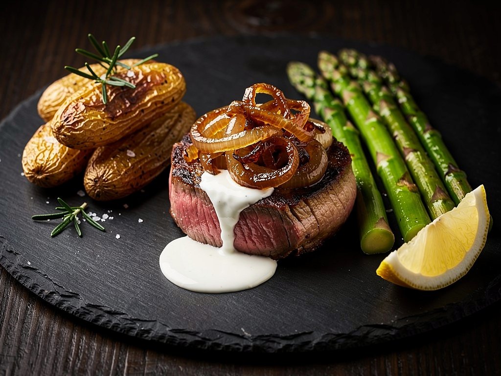 French Onion Beef Tenderloin with Rosemary Potatoes and Lemony Asparagus