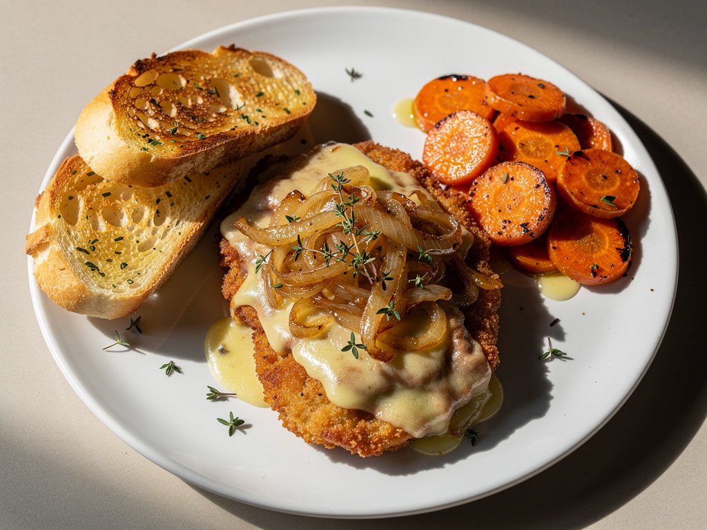 French Onion Chicken with Garlic Bread and Lemon Roasted Carrots