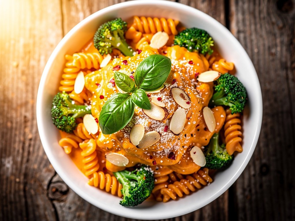 Fusilli with Sun-Dried Tomato Cream Sauce, Broccoli, and Toasted Almonds