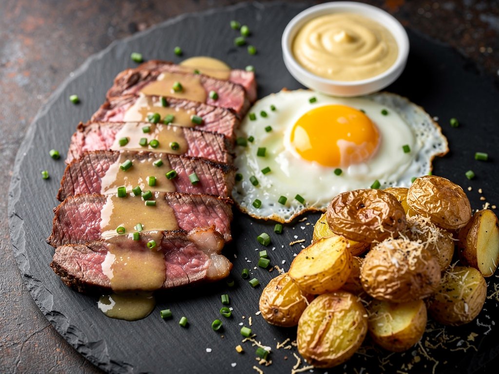 Garlic Butter Basted Steak and Eggs with Truffle Parmesan Potatoes and Dijon Cream Sauce