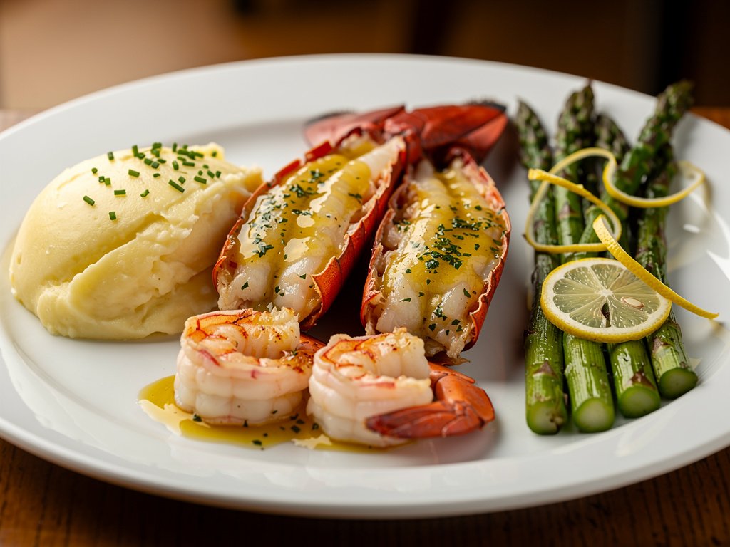 Garlic Butter Lobster Tails and Shrimp with Lemony Asparagus and Chive Mashed Potatoes