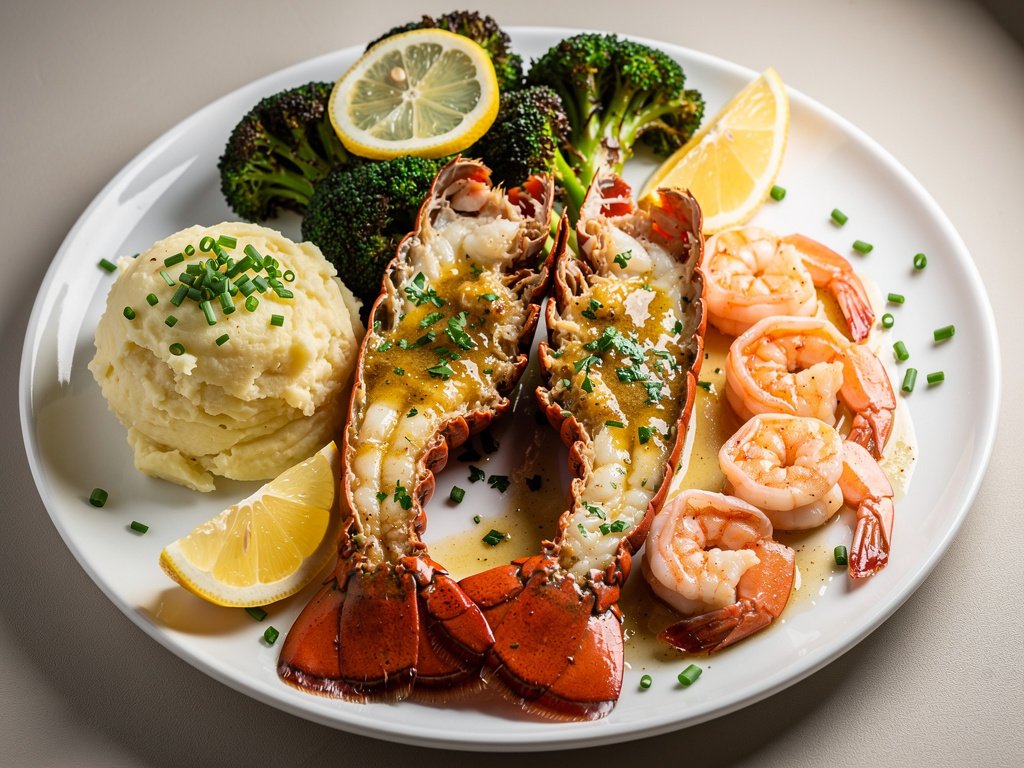 Garlic Butter Shrimp and Lobster with Lemony Broccoli and Chive Mashed Potatoes
