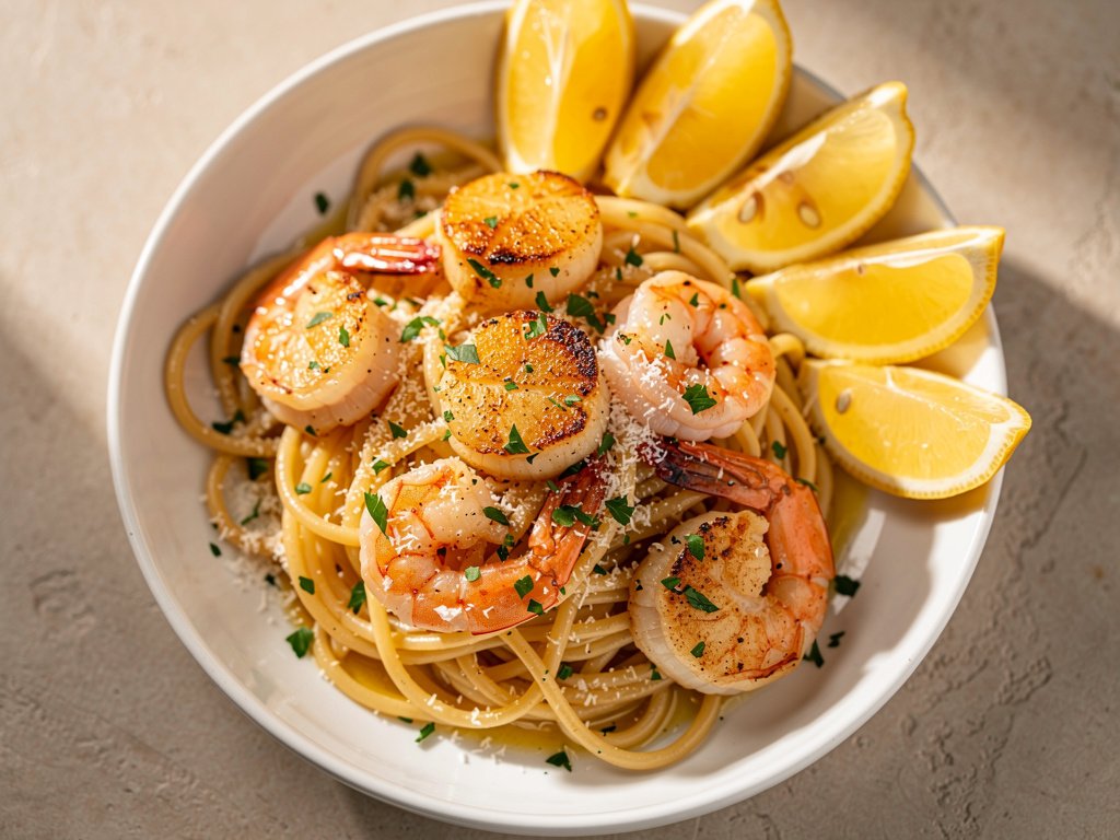 Garlic Butter Shrimp and Scallop Pasta with Lemon and Parmesan