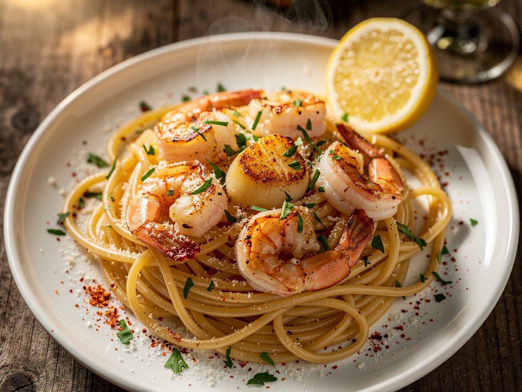 Garlic Butter Shrimp and Scallop Scampi with Spaghetti
