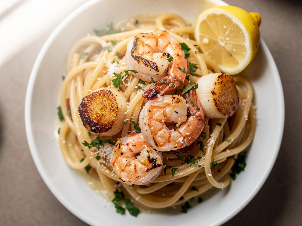 Garlic Butter Shrimp and Scallop Spaghetti with Parmesan and Parsley