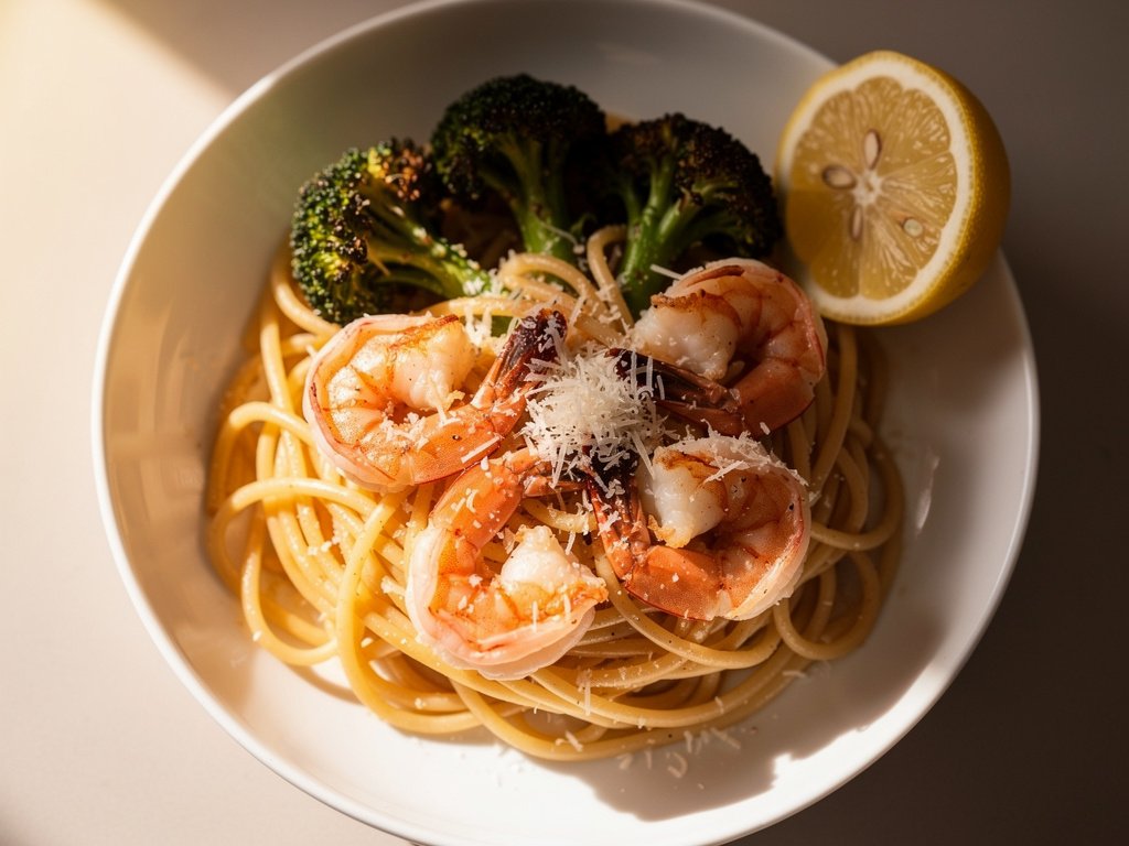 Garlic Butter Shrimp Scampi with Spaghetti and Roasted Broccoli