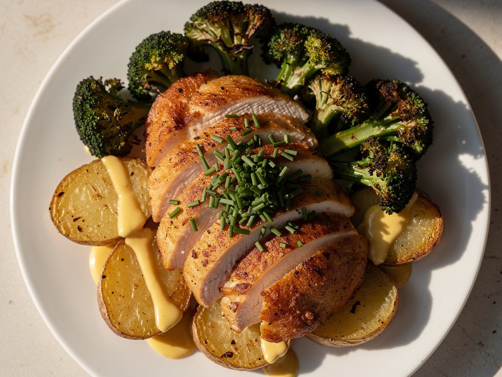 Garlic Chicken with Crispy Broccoli and Creamy Potato Sauce
