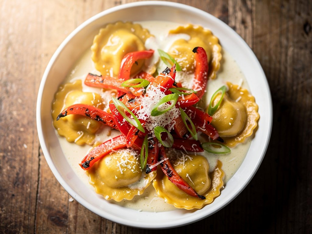 Garlic Cream Butternut Squash Agnolotti with Roasted Bell Pepper
