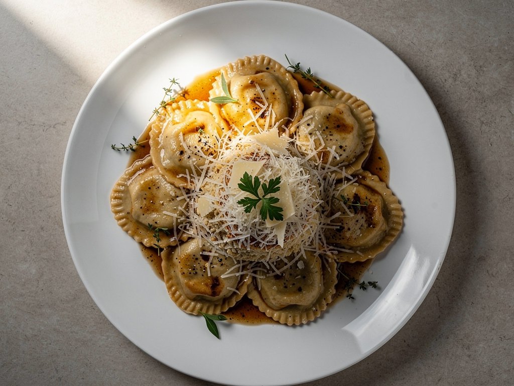 Garlic Herb Brown Butter Mushroom Ravioli with Parmesan
