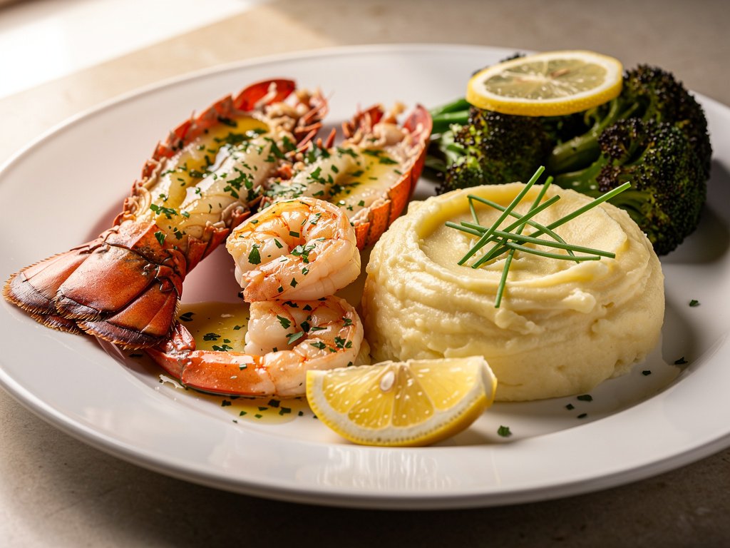 Garlic Herb Butter Seafood Feast with Lemony Broccoli and Chive Mashed Potatoes