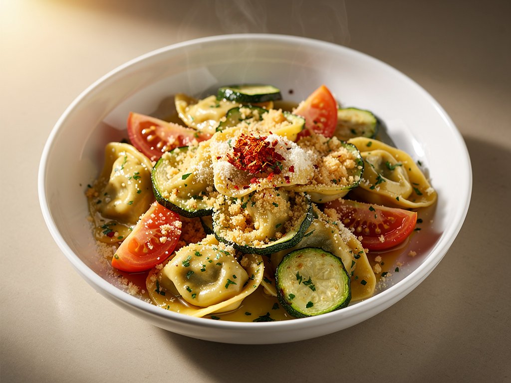 Garlic Herb Butter Tortelloni with Roasted Vegetables and Crispy Panko