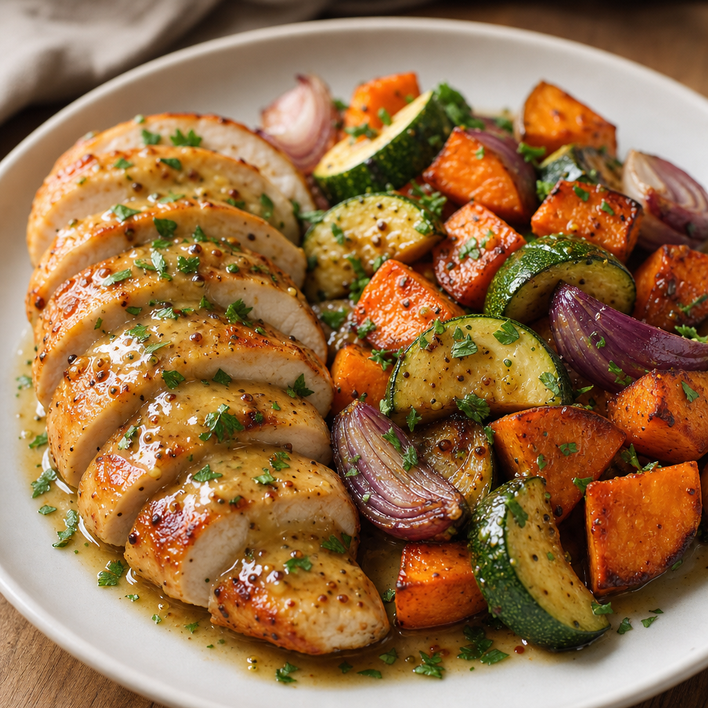 Garlic Honey Mustard Chicken with Roasted Sweet Potatoes and Zucchini