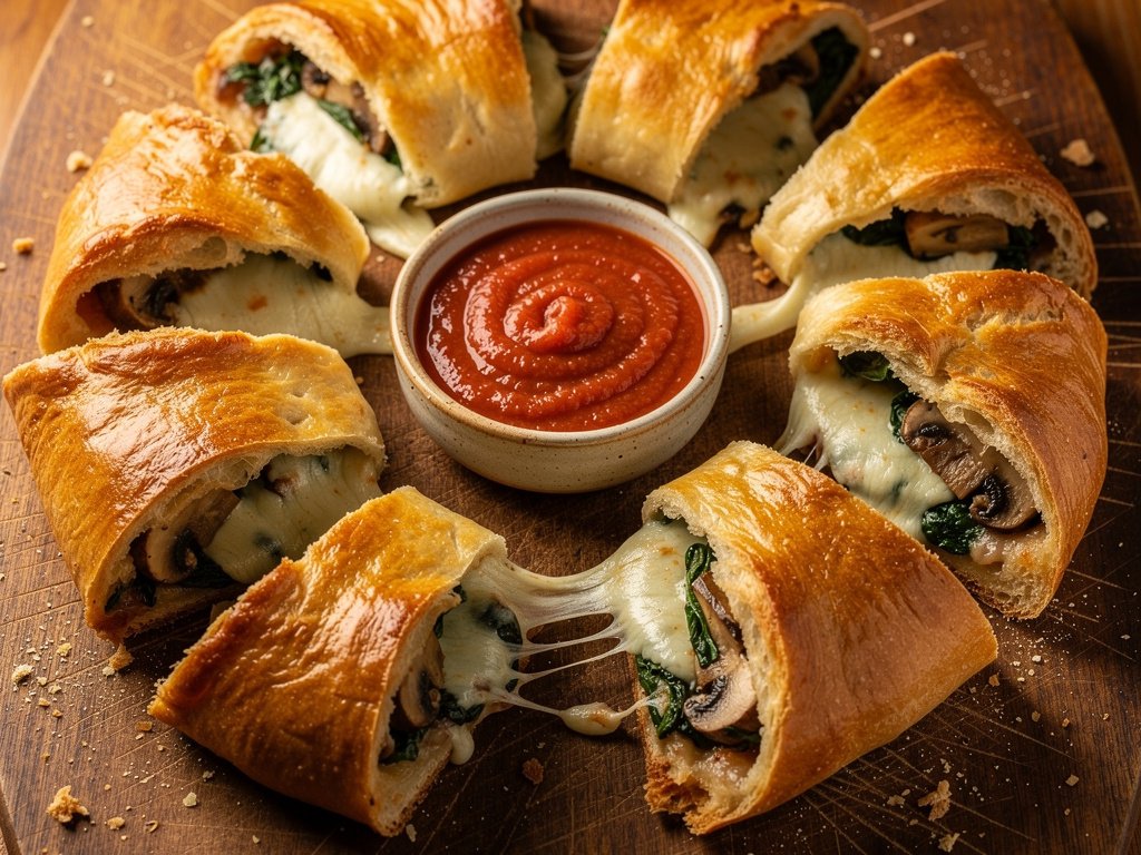 Garlic Mushroom and Spinach Stromboli with Marinara Dipping Sauce