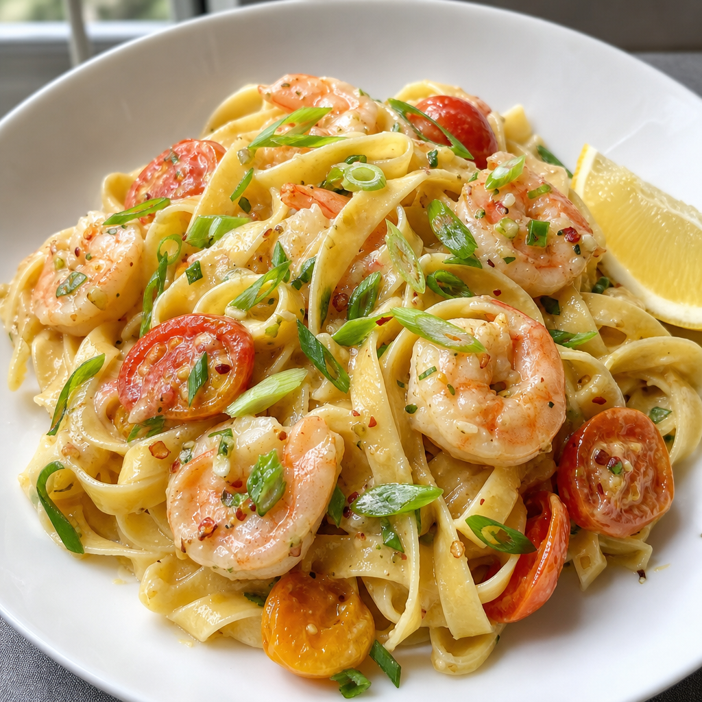 Garlic Shrimp Tagliatelle with Heirloom Tomatoes and Lemon Cream