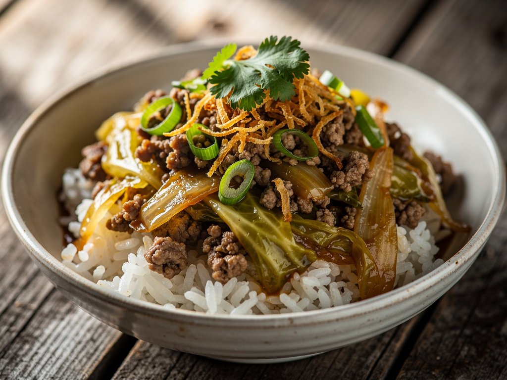 Garlicky Pork and Cabbage Stir-Fry with Crispy Onions