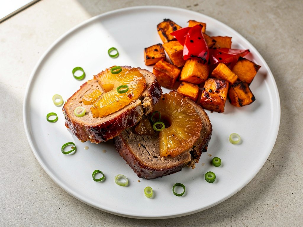 Glazed Pork Meatloaves with Roasted Sweet Potatoes and Pineapple