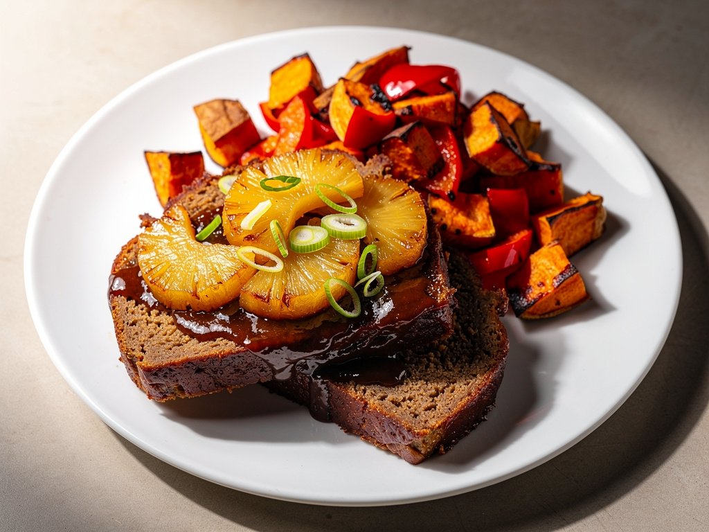 Glazed Pork Meatloaves with Roasted Sweet Potatoes and Pineapple