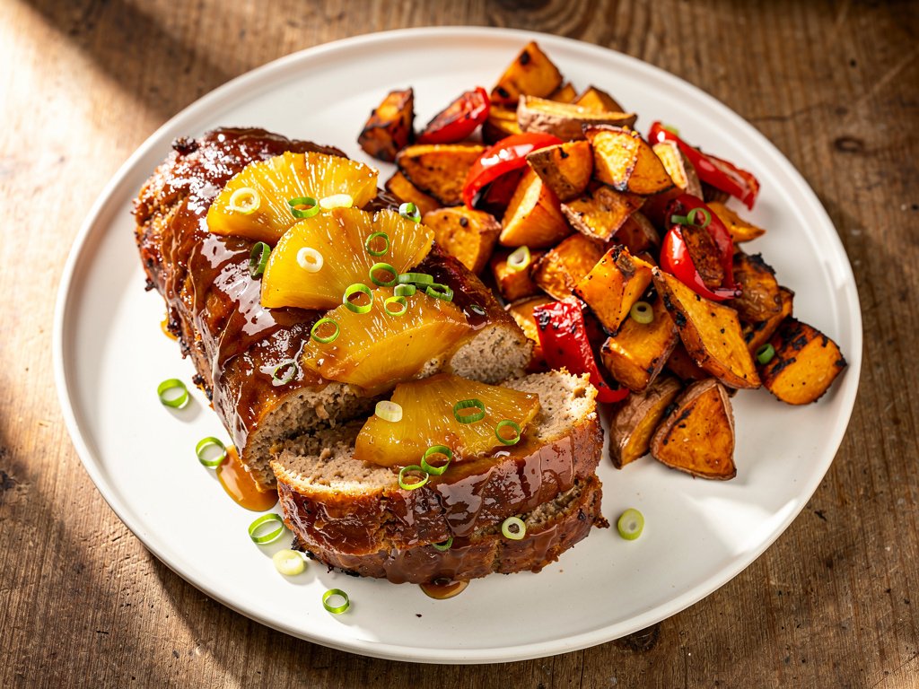 Glazed Pork Meatloaves with Roasted Sweet Potatoes and Pineapple