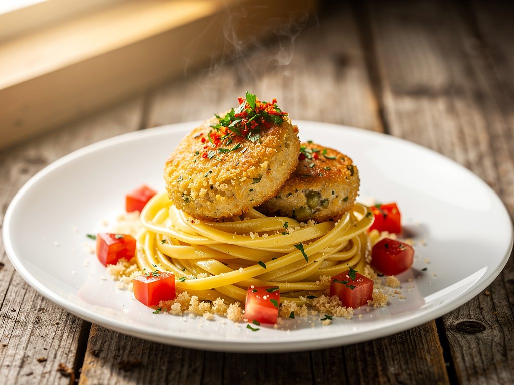 Golden Crab Cakes with Lemon Caper Pasta and Crispy Tomato Breadcrumbs