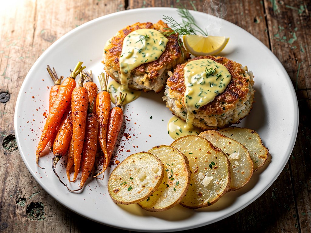 Golden Panko Crab Cakes with Lemon Dill Sauce, Roasted Carrots, and Garlic Parmesan Potatoes