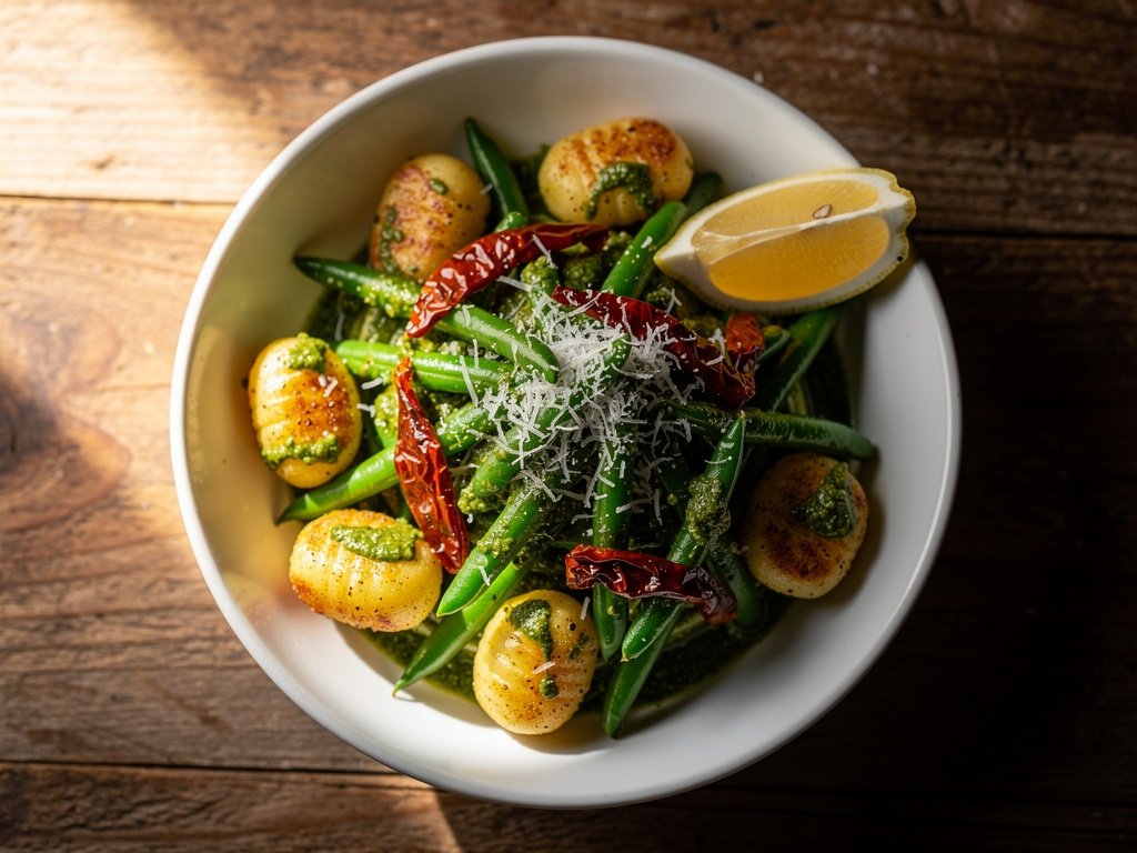 Golden Pesto Gnocchi with Green Beans and Sun-Dried Tomatoes