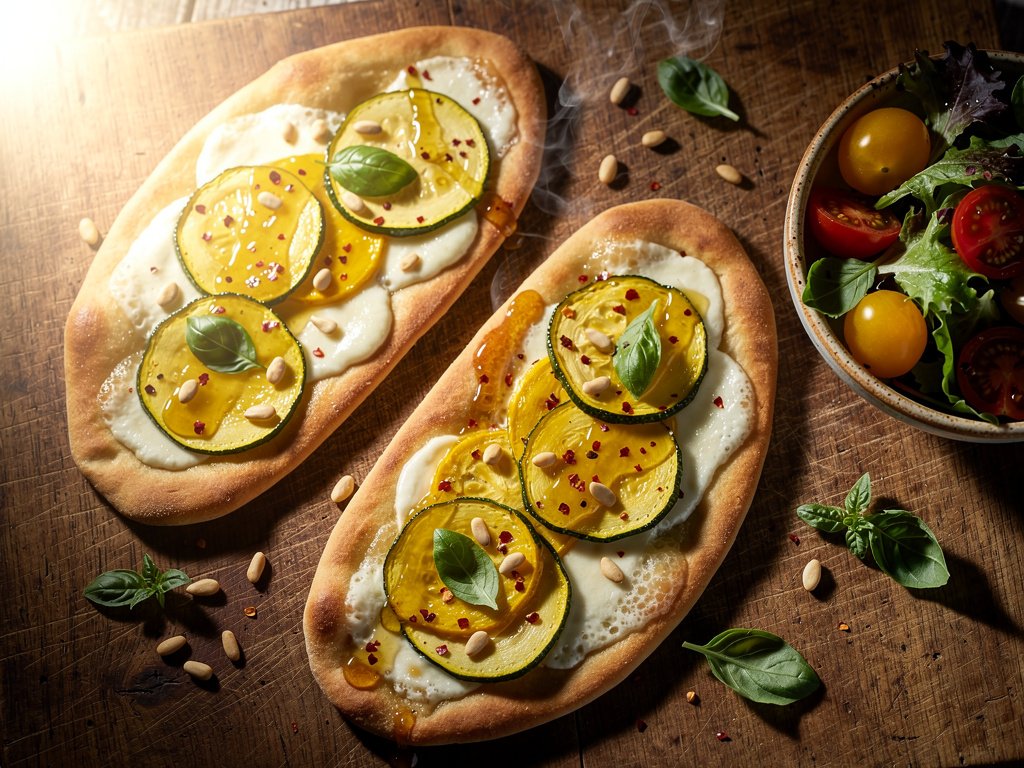 Golden Squash Flatbreads with Mozzarella, Pine Nuts & Chili Honey