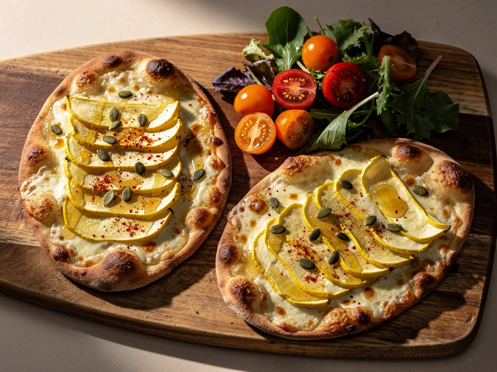 Golden Squash and Mozzarella Flatbread Pizzas with Chili Honey