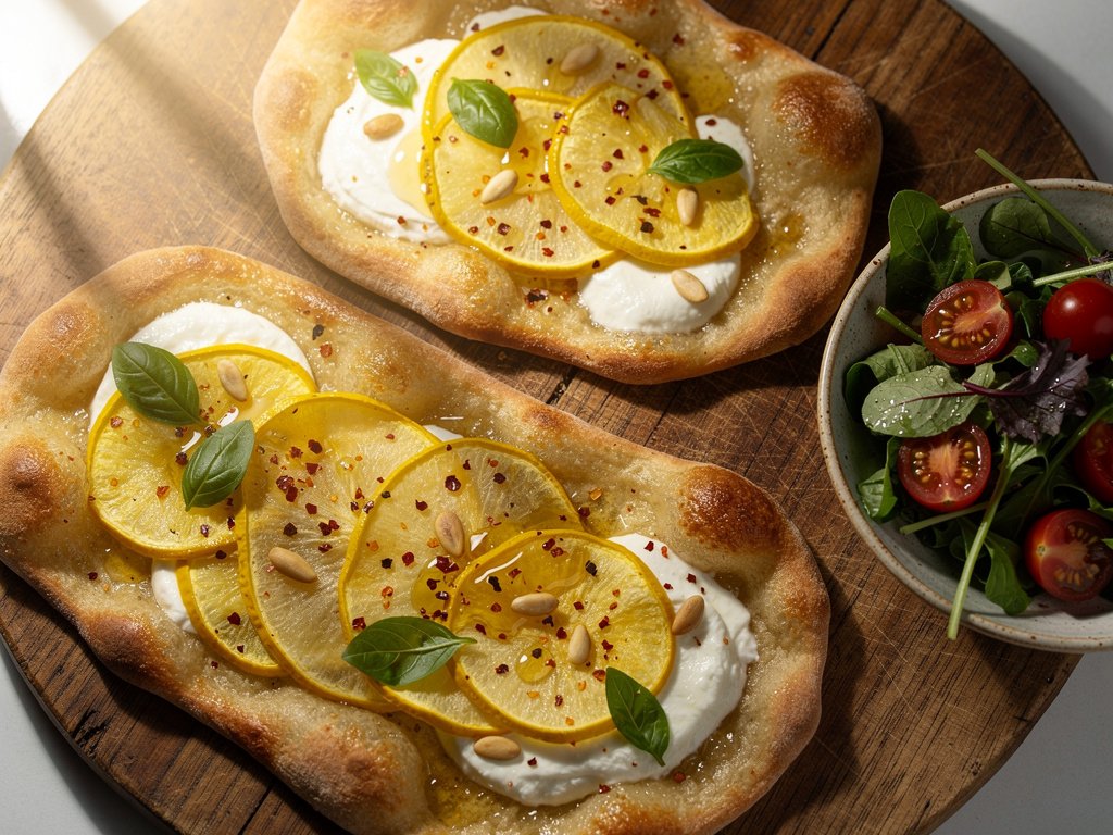 Golden Squash and Mozzarella Flatbread Pizzas with Chili Honey Drizzle