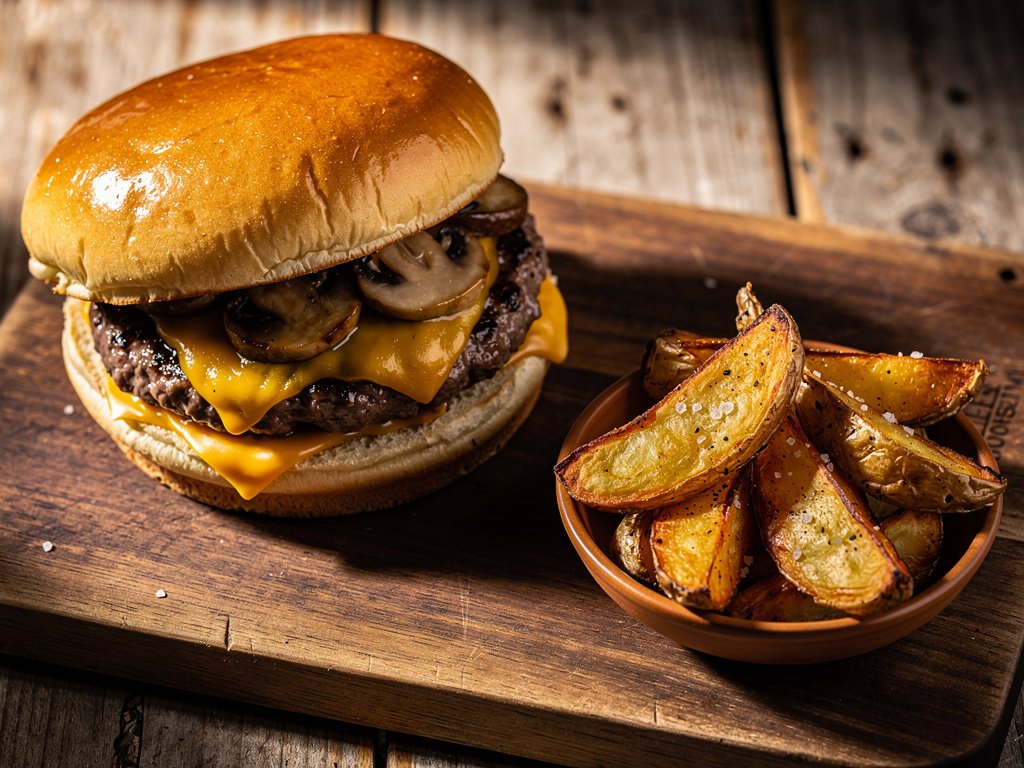 Gouda Mushroom Burgers with Horseradish Sauce and Potato Wedges