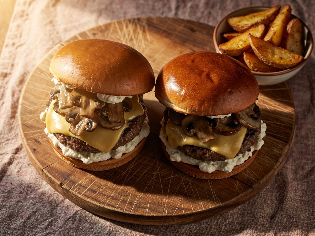 Gouda Mushroom Burgers with Creamy Horseradish Sauce and Potato Wedges