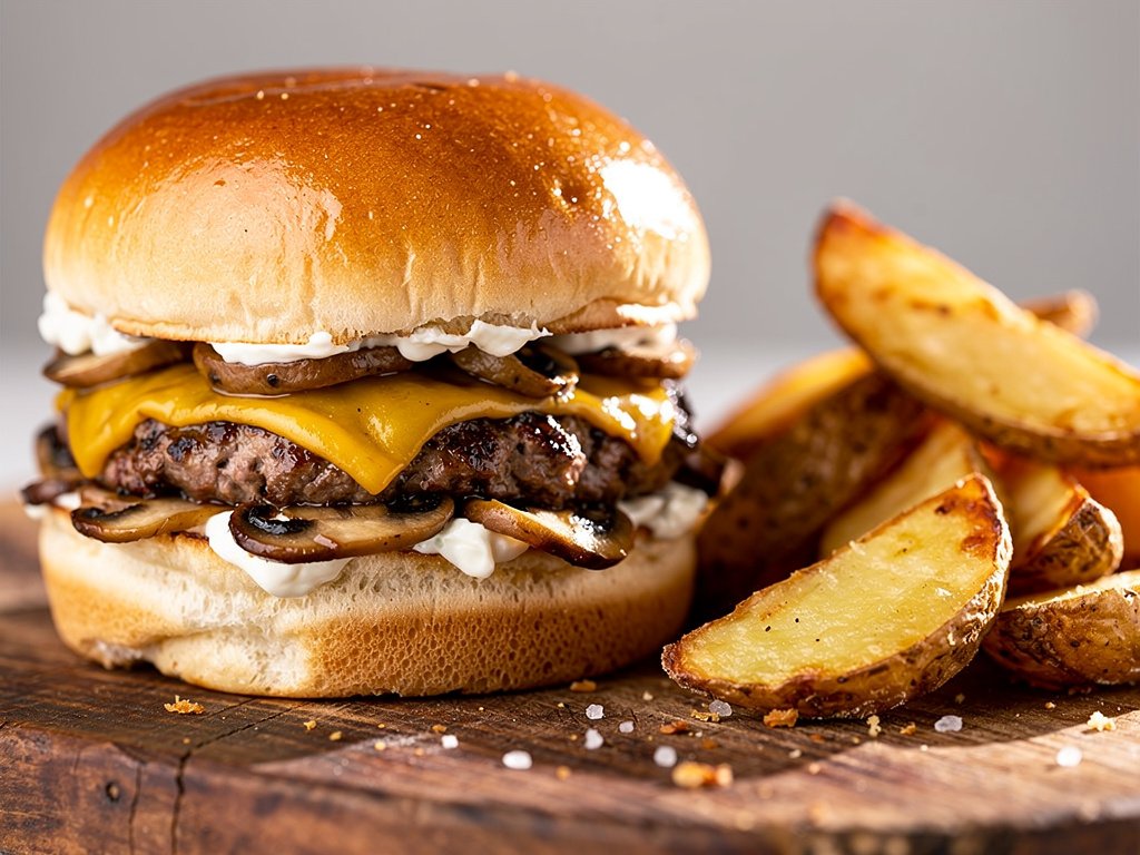 Juicy Gouda Mushroom Burgers with Creamy Horseradish Sauce and Potato Wedges