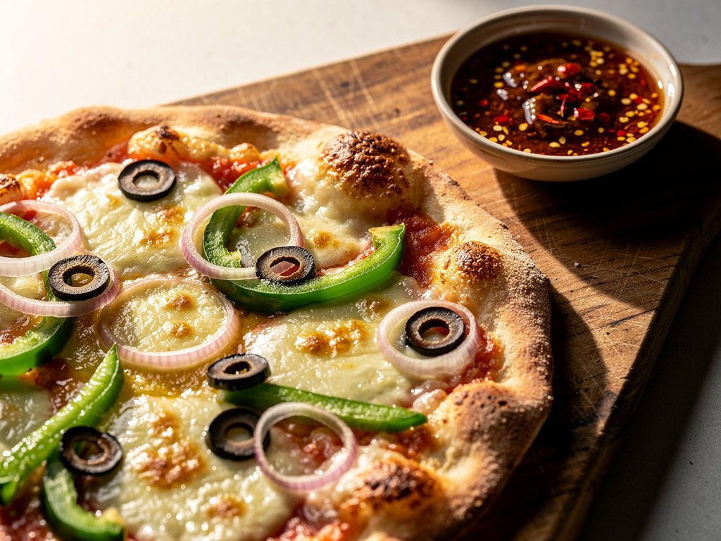 Green Pepper and Olive Flatbread with Chili Garlic Butter