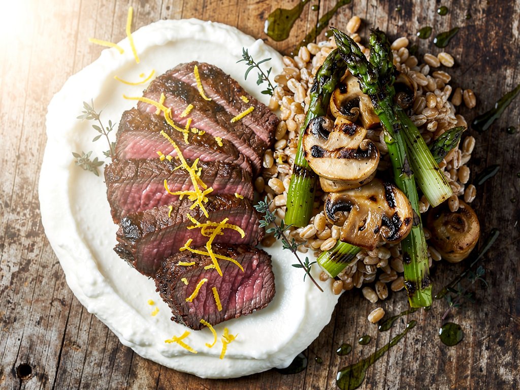 Grilled Bavette Steak and Asparagus Salad with Farro, Mushrooms, and Lemony Ricotta