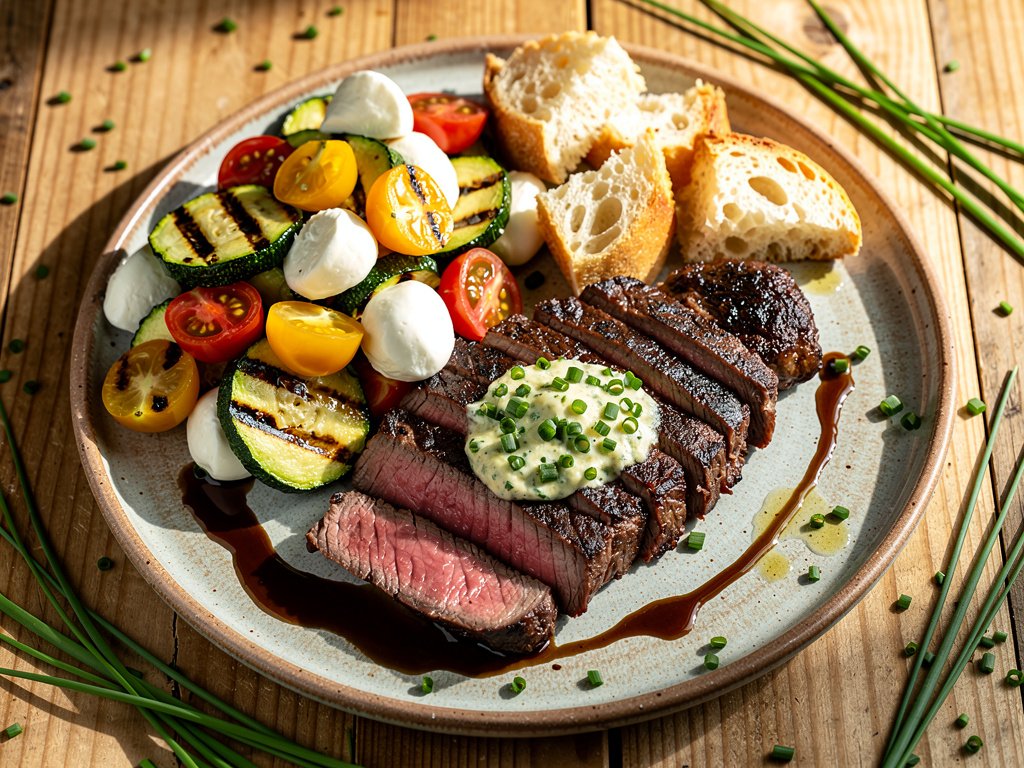 Grilled Bourbon Steak with Chive Butter and Tomato Panzanella
