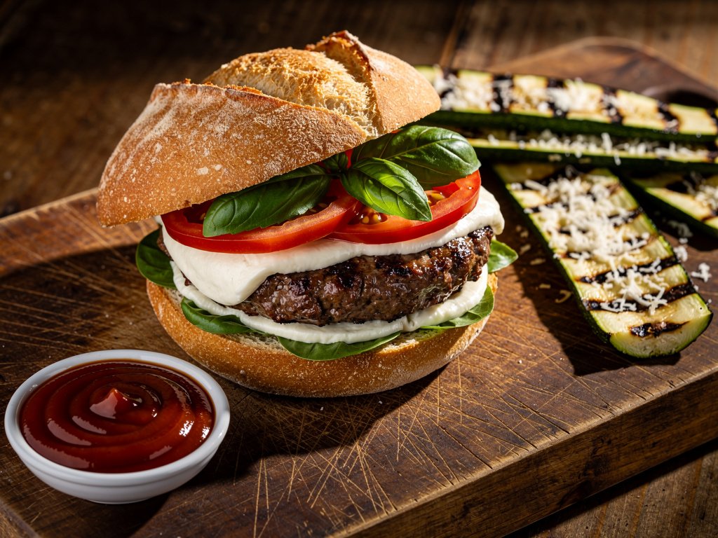 Grilled Caprese Burgers with Charred Zucchini and Spicy Balsamic Ketchup