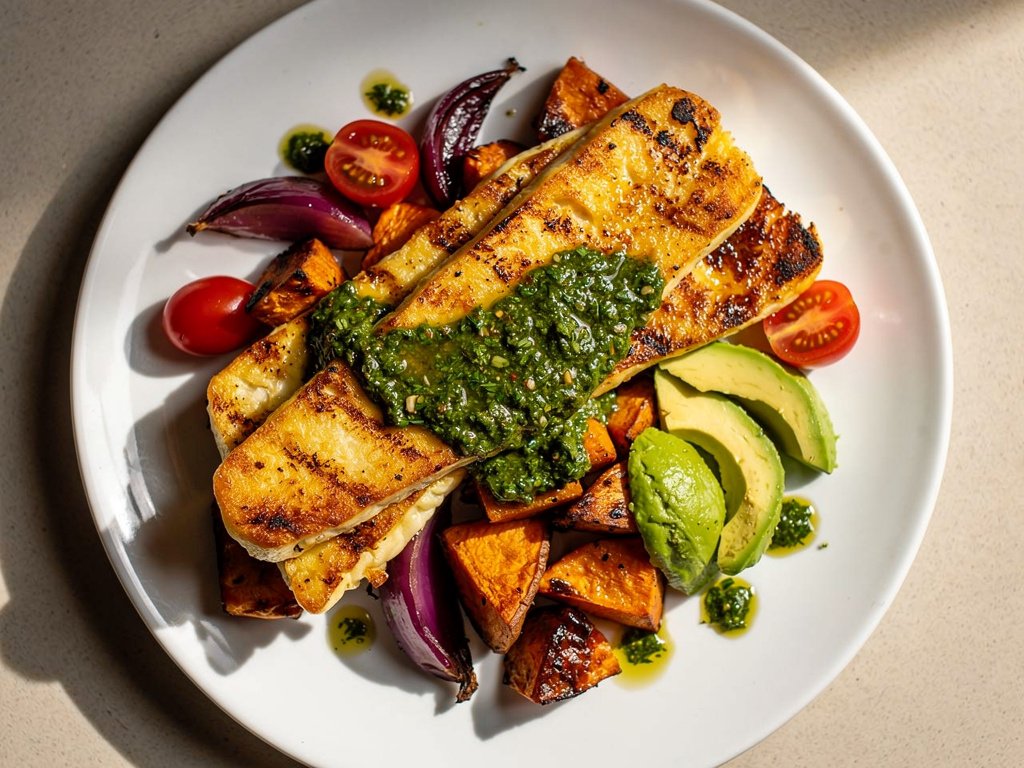 Crispy Grilled Cheese with Roasted Veggie Jumble and Cilantro Chimichurri