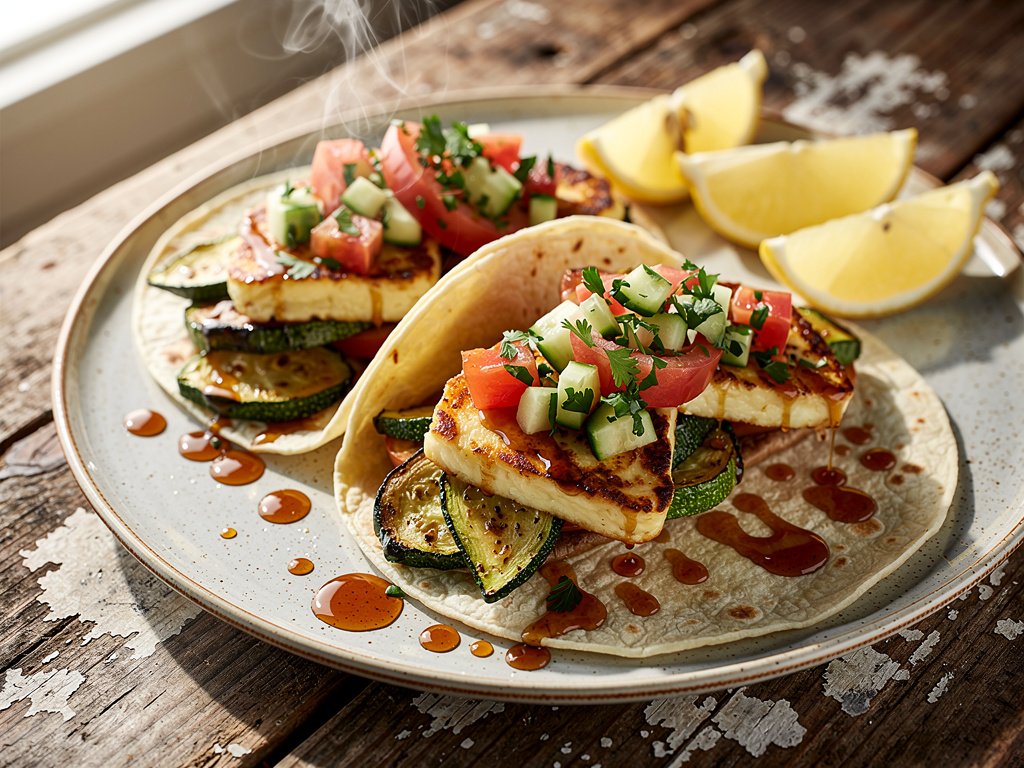 Grilled Cheese Tacos with Roasted Zucchini, Cucumber Tomato Salad, and Chili Honey Drizzle