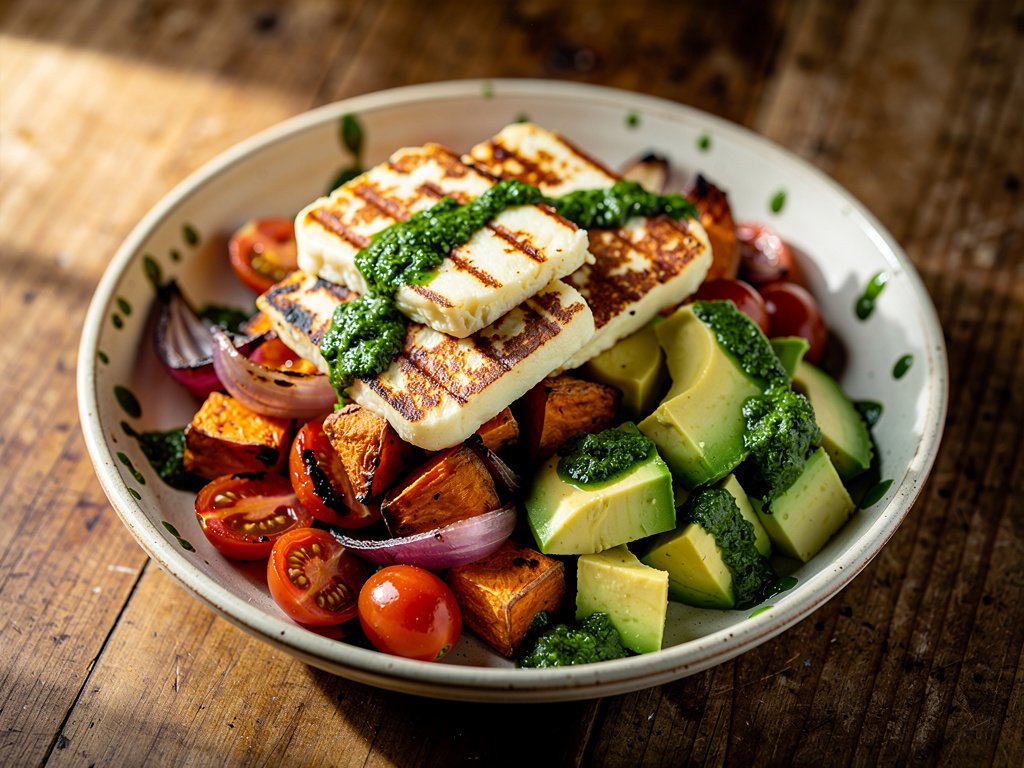 Grilled Halloumi and Roasted Veggie Bowl with Cilantro Chimichurri