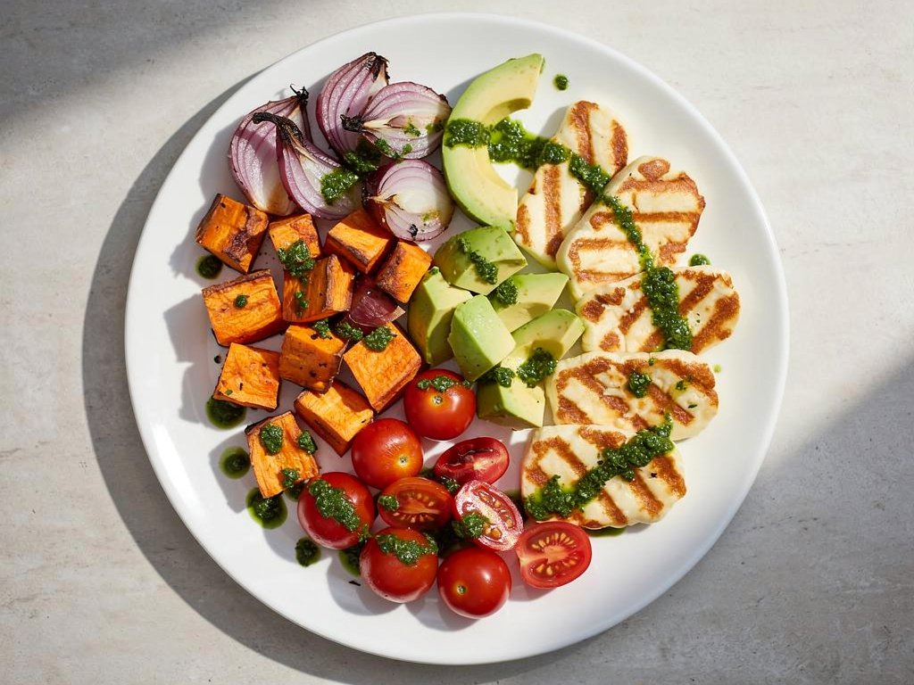 Grilled Halloumi and Vegetable Medley with Cilantro Chimichurri