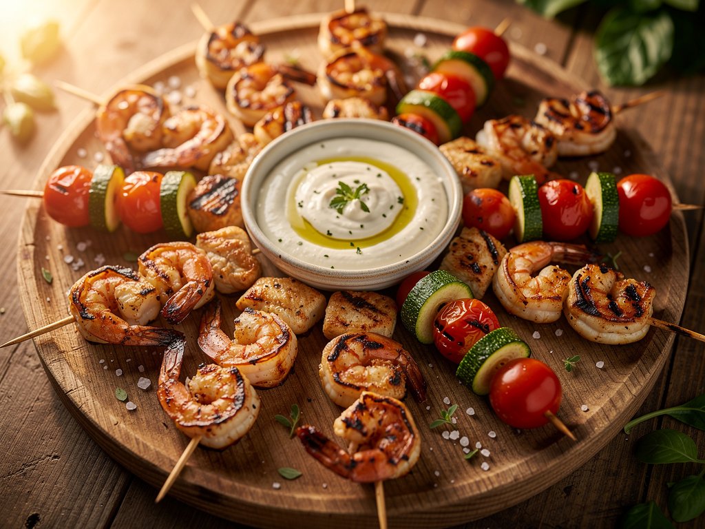 Grilled Shrimp, Chicken, and Veggie Skewers with Garlic Aioli