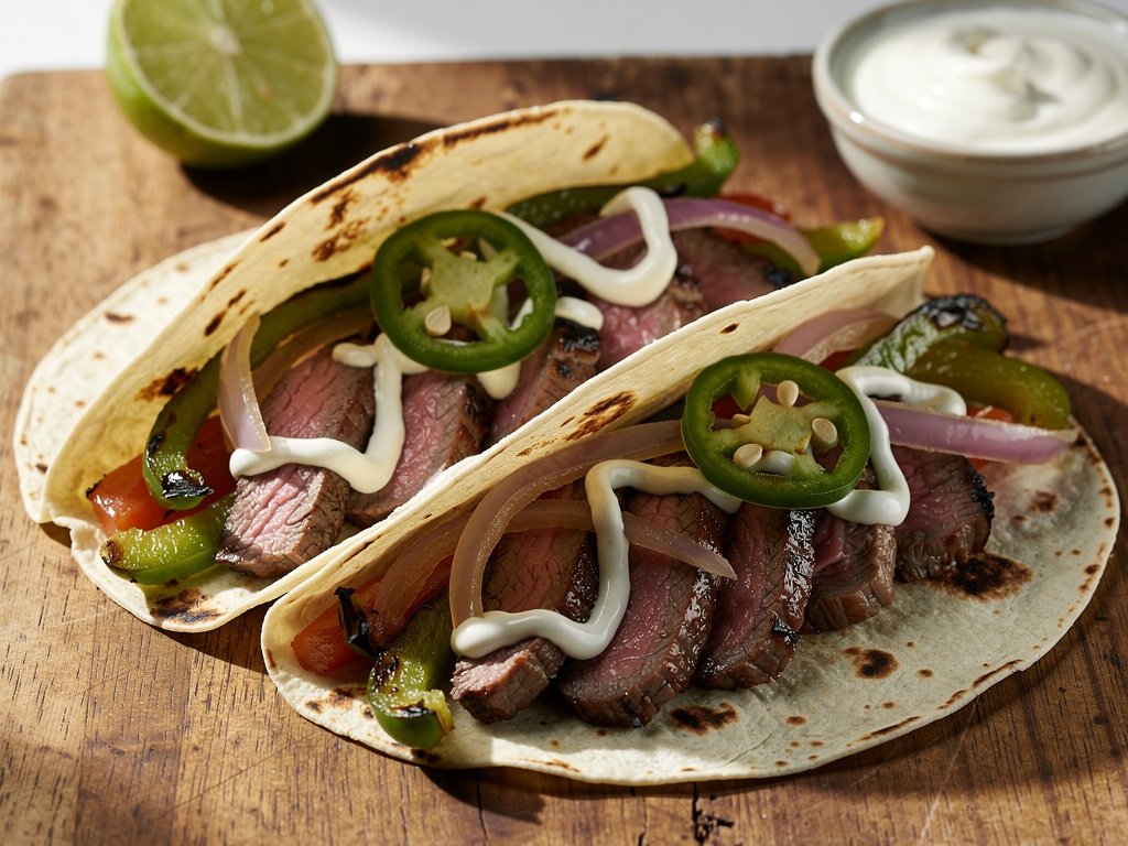 Grilled Steak Fajitas with Smoky Vegetables and Lime Crema
