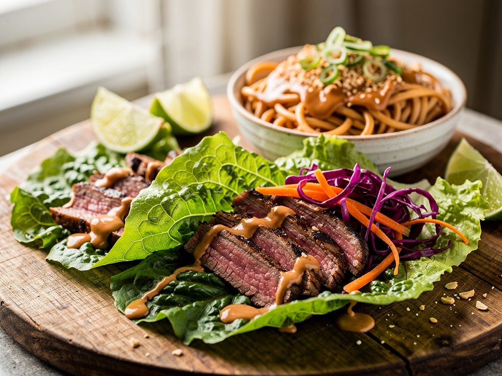 Grilled Steak Lettuce Wraps with Pickled Veggies and Creamy Gochujang Sauce