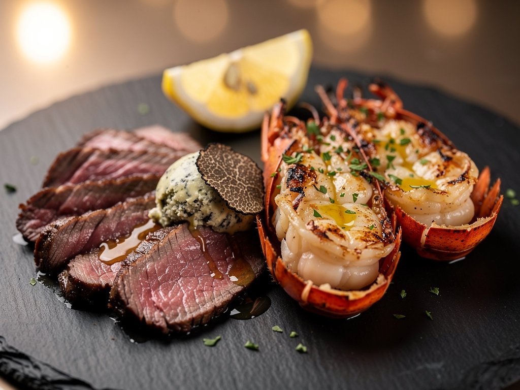 Grilled Surf and Turf: Lobster Tails with Bavette Steak and Black Truffle Butter