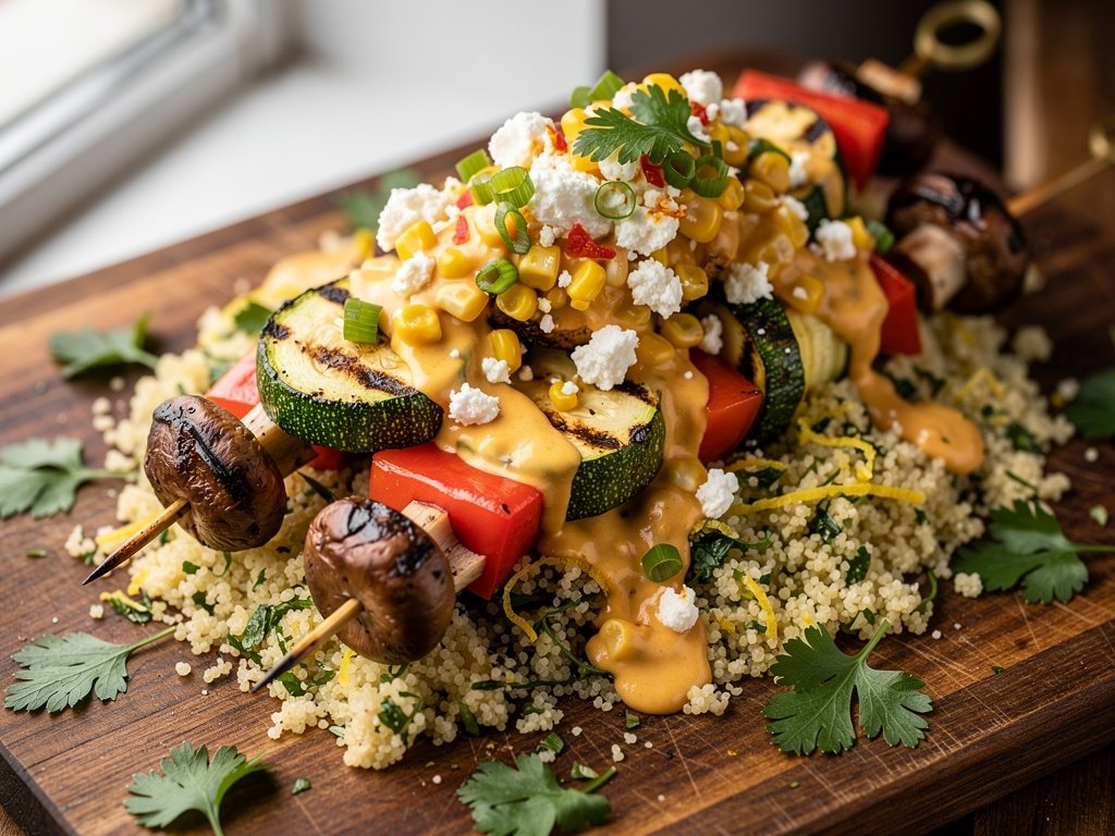Grilled Veggie Skewers with Herbed Couscous and Corn Feta Relish