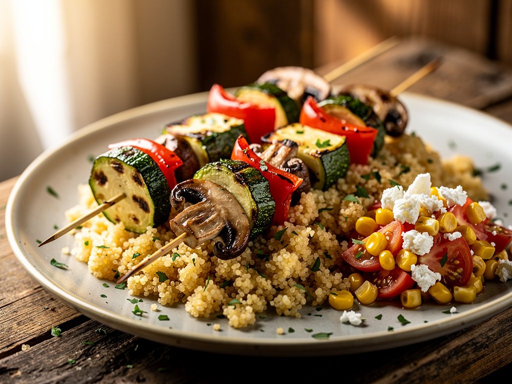 Grilled Veggie Skewers with Herbed Couscous and Corn Feta Relish