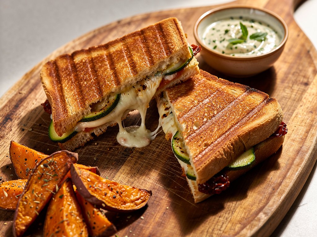 Grilled Zucchini and Mozzarella Panini with Sun-Dried Tomatoes and Herb Sauce