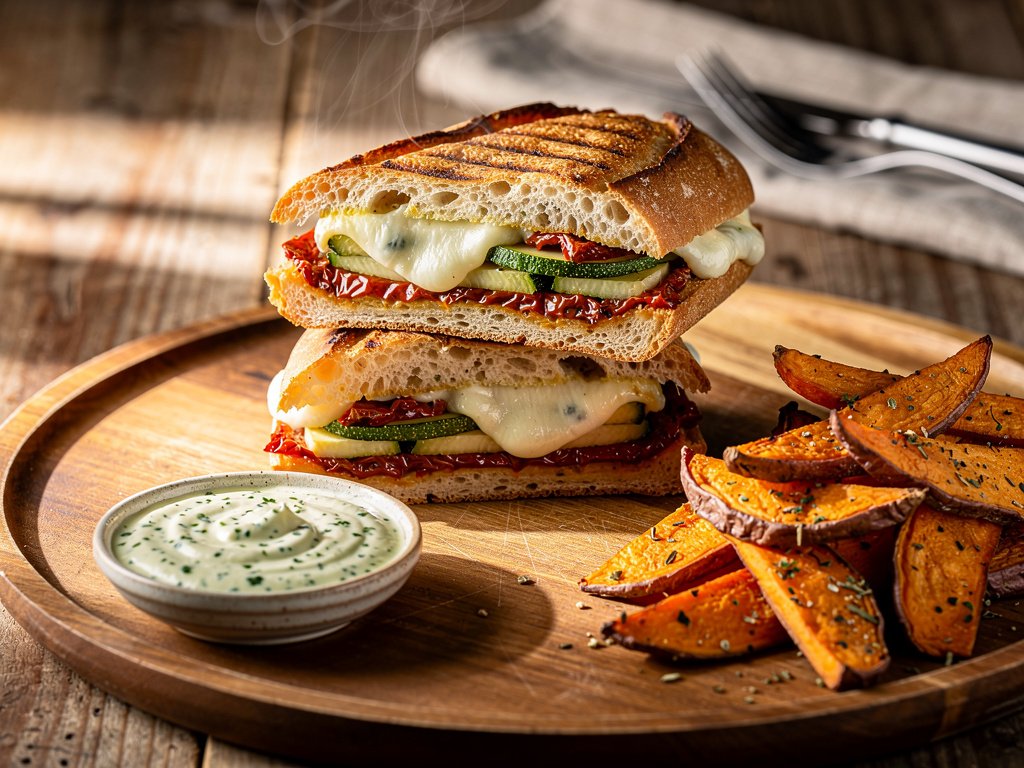 Grilled Zucchini and Mozzarella Panini with Sun-Dried Tomatoes and Herb Sauce