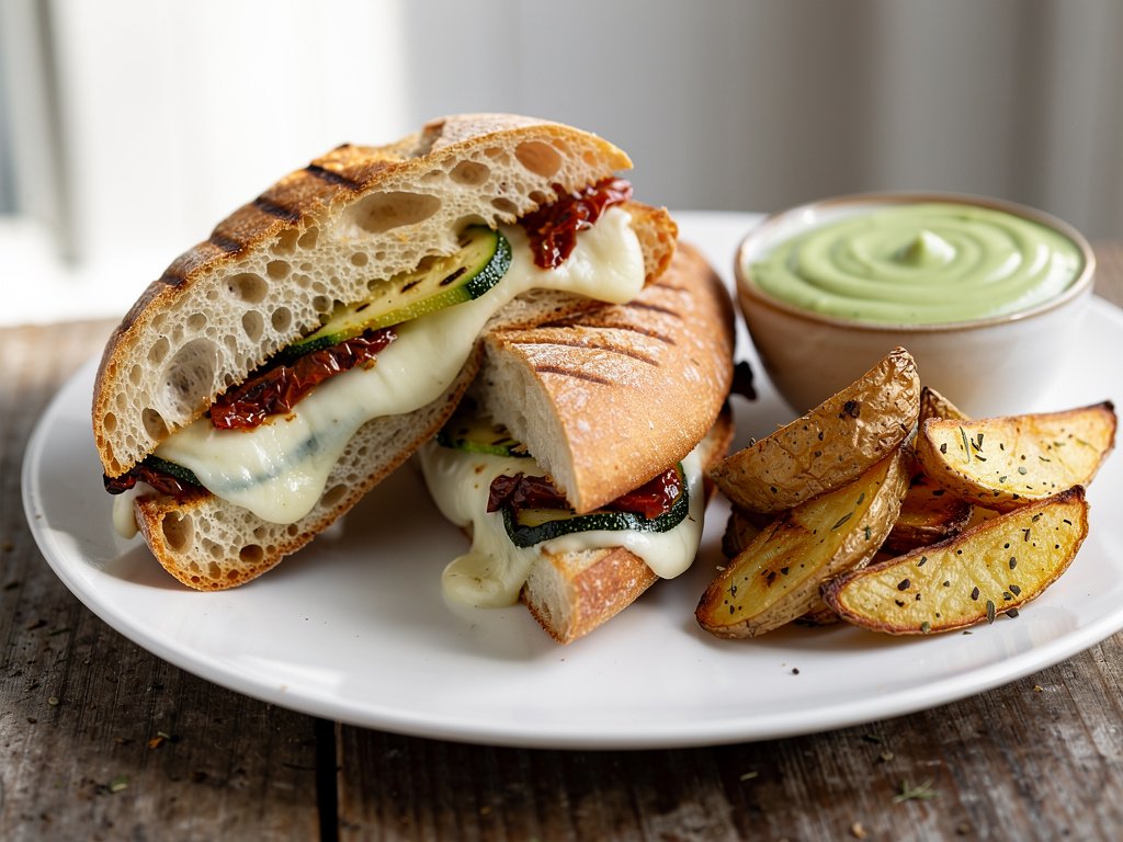 Grilled Zucchini and Sun-Dried Tomato Panini with Basil Sauce and Potato Wedges